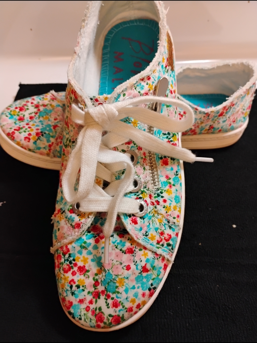 Blowfish Floral Canvas Lace-Up Flats in White, Teal, Pink, Yellow